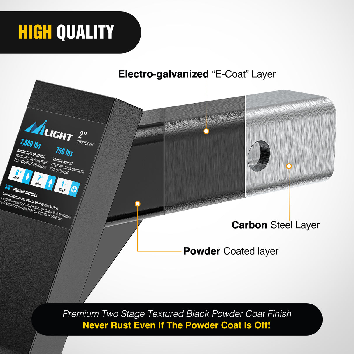 Nilight Trailer Hitch Ball Mount with 5/8Inch Hitch Pin Clip Fits 2 Inch Receiver Square 7500 lbs 8Inch Drop 7Inch Rise 1Inch Hole Gloss Black Powder Coast