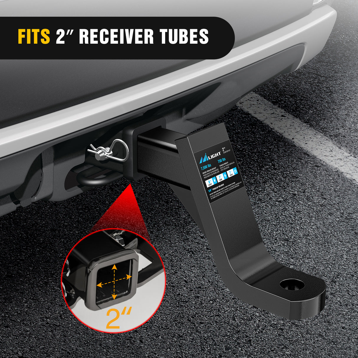 Nilight Trailer Hitch Ball Mount with 5/8Inch Hitch Pin Clip Fits 2 Inch Receiver Square 7500 lbs 8Inch Drop 7Inch Rise 1Inch Hole Gloss Black Powder Coast