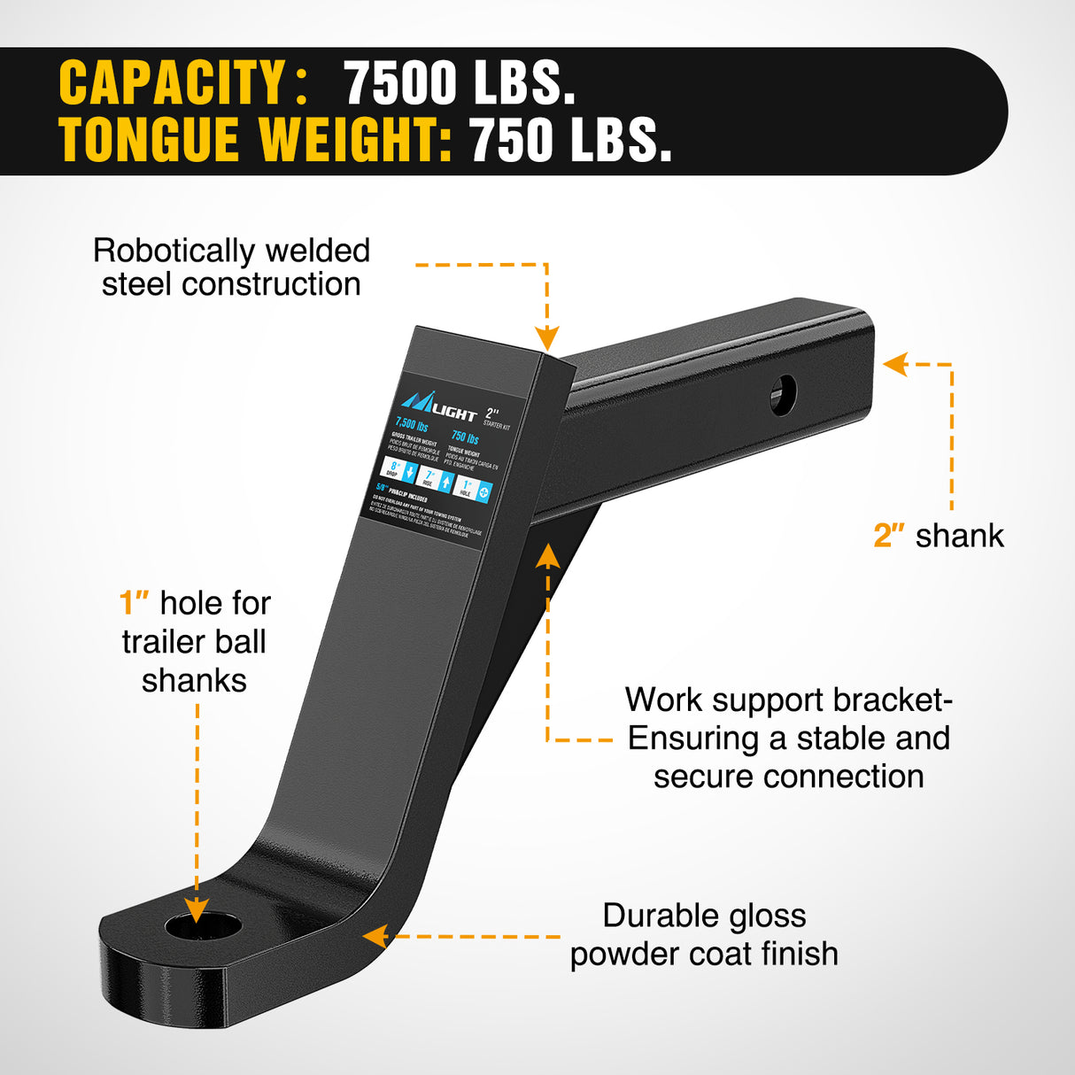 Nilight Trailer Hitch Ball Mount with 5/8Inch Hitch Pin Clip Fits 2 Inch Receiver Square 7500 lbs 8Inch Drop 7Inch Rise 1Inch Hole Gloss Black Powder Coast