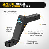 Nilight Trailer Hitch Ball Mount with 5/8Inch Hitch Pin Clip Fits 2 Inch Receiver Square 7500 lbs 8Inch Drop 7Inch Rise 1Inch Hole Gloss Black Powder Coast