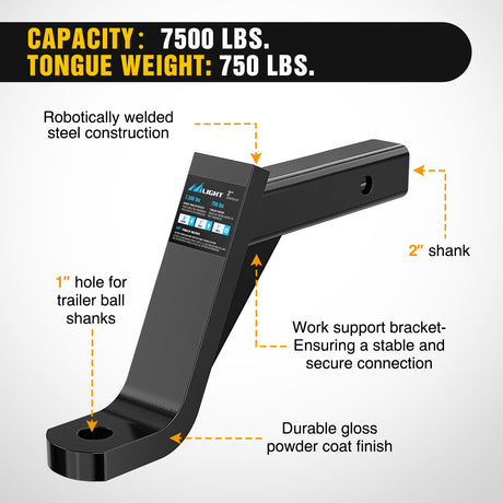 Nilight Trailer Hitch Ball Mount with 5/8Inch Hitch Pin Clip Fits 2 Inch Receiver Square 7500 lbs 8Inch Drop 7Inch Rise 1Inch Hole Gloss Black Powder Coast