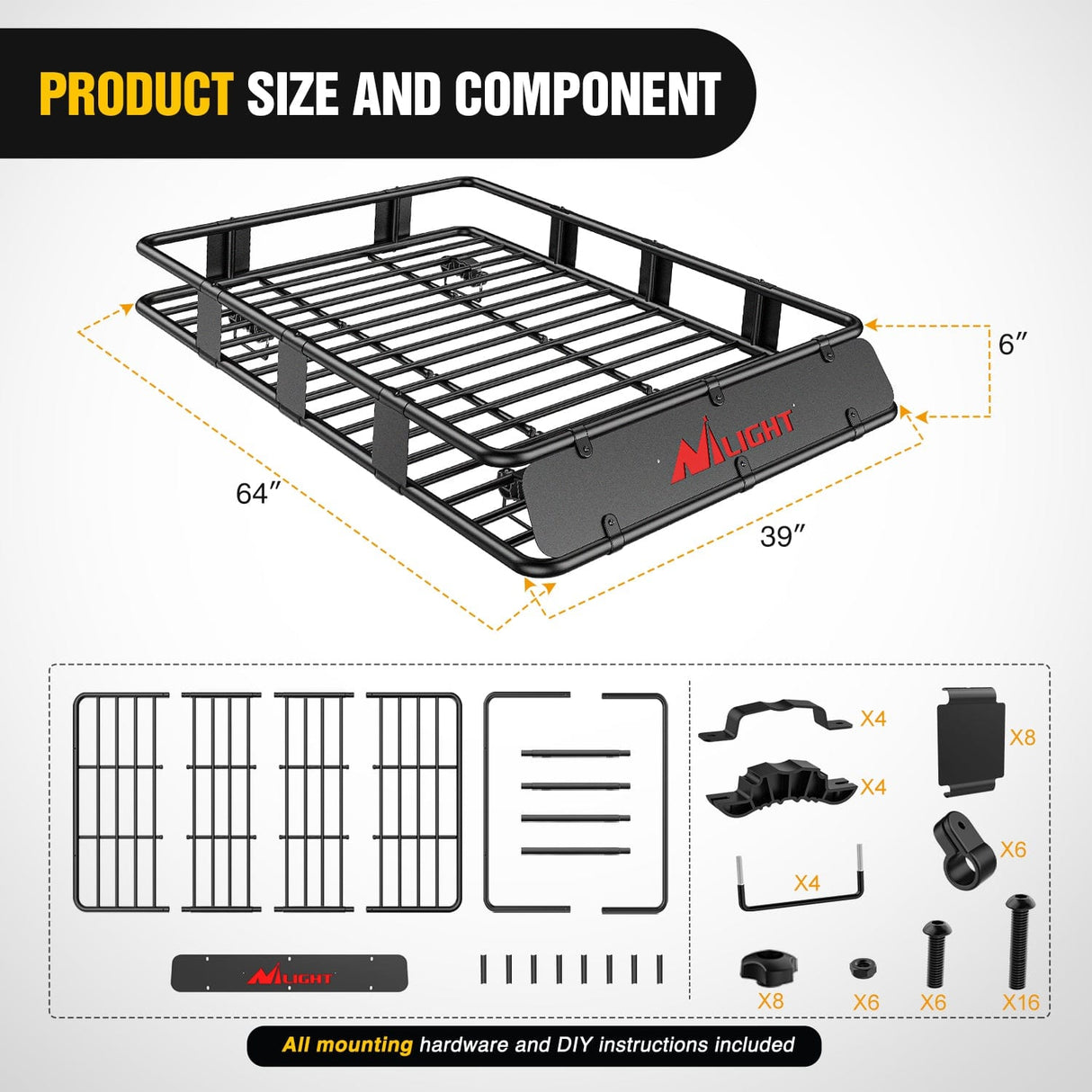64 x 39 x 6 Inch Universal Roof Rack Cargo Basket Kit Nilight