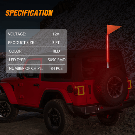 LED Whip Light 3FT LED Whip Light with Aluminum Base Red Color