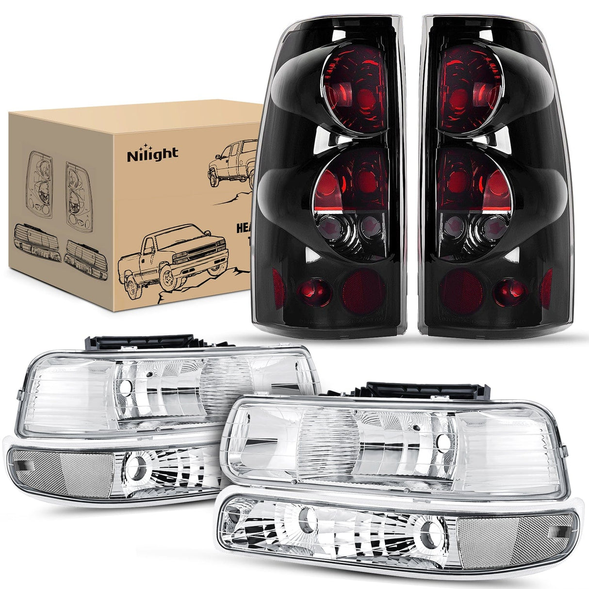 Nilight Headlight and Taillight Assembly Combo Compatible with 1999 2000 2001 2002 Chevy Silverado 1500 2500 1500HD 2500HD 3500 OE Style Chrome Housing Clear Reflector Smoke