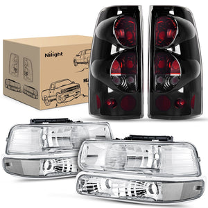 Headlight and Taillight Assembly Combo Compatible with 1999 2000 2001 2002 Chevy Silverado 1500 2500 1500HD 2500HD 3500 OE Style Chrome Housing Clear Reflector Smoke