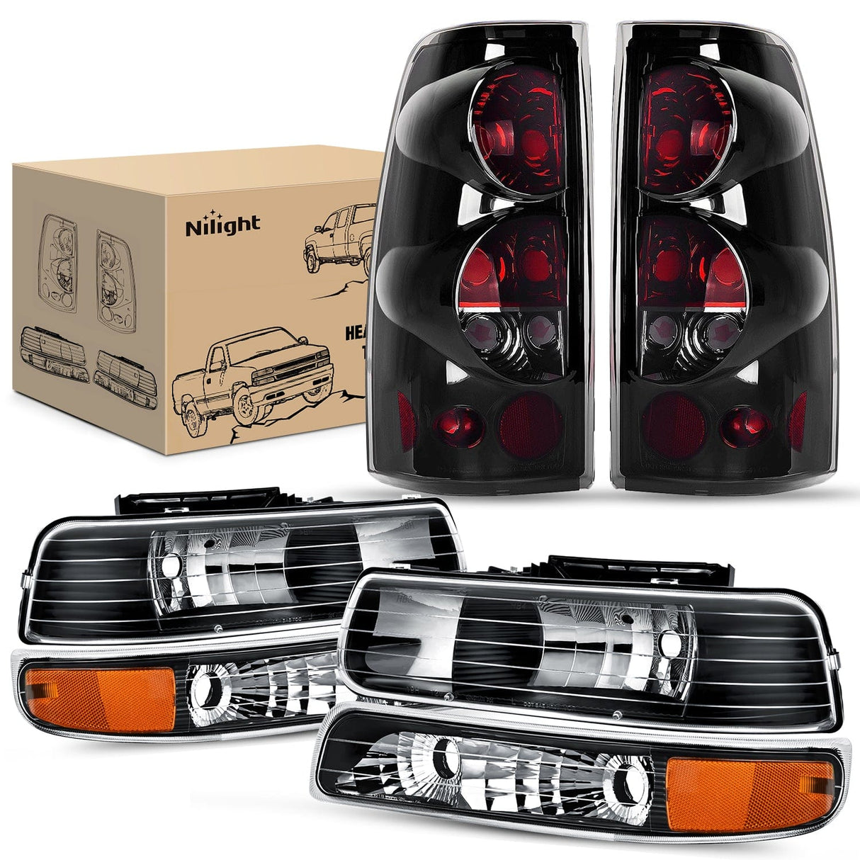 Nilight Headlight and Taillight Assembly Combo Compatible with 1999 2000 2001 2002 Chevy Silverado 1500 2500 1500HD 2500HD 3500 OE Style Black Housing Amber Reflector Smoke