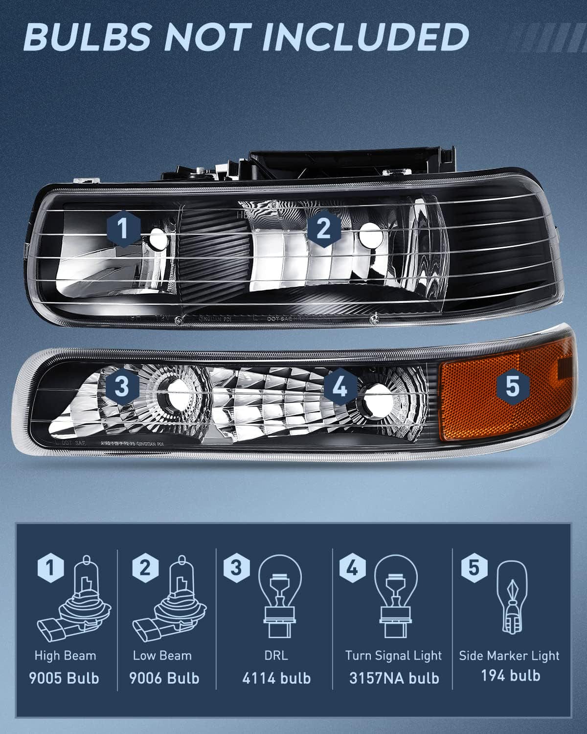 Nilight Headlight and Taillight Assembly Combo Compatible with 1999 2000 2001 2002 Chevy Silverado 1500 2500 1500HD 2500HD 3500 OE Style Black Housing Amber Reflector Smoke