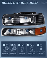 Nilight Headlight and Taillight Assembly Combo Compatible with 1999 2000 2001 2002 Chevy Silverado 1500 2500 1500HD 2500HD 3500 OE Style Black Housing Amber Reflector Smoke