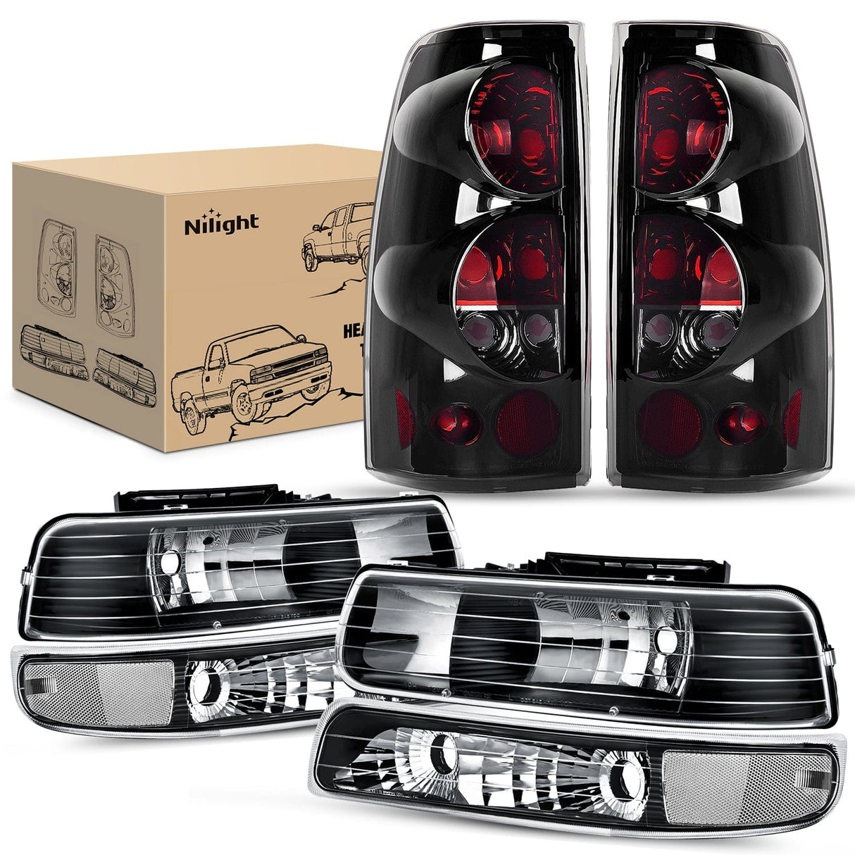 Nilight Headlight and Taillight Assembly Combo Compatible with 1999 2000 2001 2002 Chevy Silverado 1500 2500 1500HD 2500HD 3500 OE Style Black Housing Clear Reflector Smoke