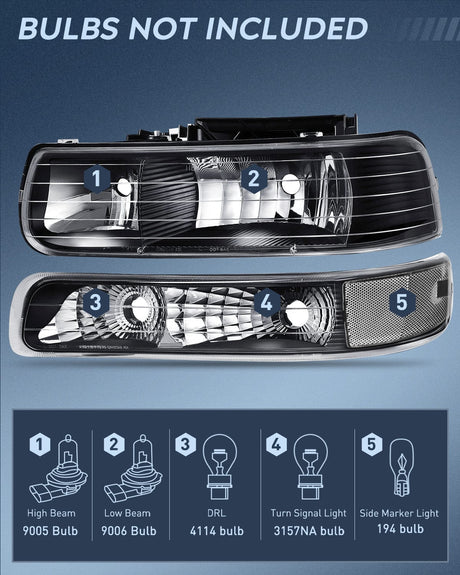 Nilight Headlight and Taillight Assembly Combo Compatible with 1999 2000 2001 2002 Chevy Silverado 1500 2500 1500HD 2500HD 3500 OE Style Black Housing Clear Reflector Smoke