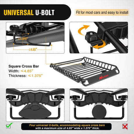 51 x 36 x 5 Inch Universal Roof Rack Cargo Basket Kit with Cargo Bag Net Ratchet Straps
