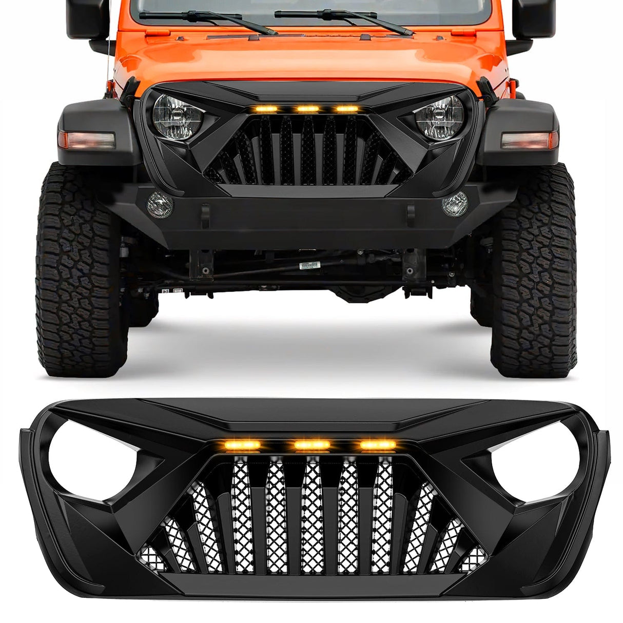 Front Bumper Grill Cover Front Bumper Grill Cover for 2018 2019 2020 2021 2022 2023 2024 2025 Wrangler JL and Gladiator JT with LED Amber Lights Matte Black