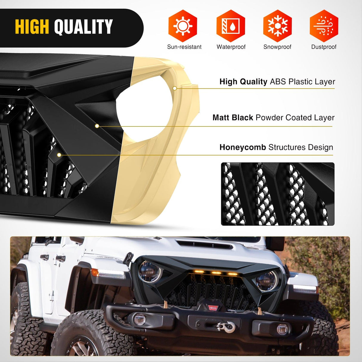 Front Bumper Grill Cover Front Bumper Grill Cover for 2018 2019 2020 2021 2022 2023 2024 2025 Wrangler JL and Gladiator JT with LED Amber Lights Matte Black