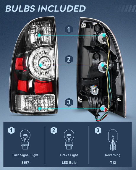 Nilight Taillight Assembly Compatible with Toyota Tacoma 2005 2006 2007 2008 2009 2010 2011 2012 2013 2014 2015 Rear Lamp Replacement Black Housing LED Lens Driver Side