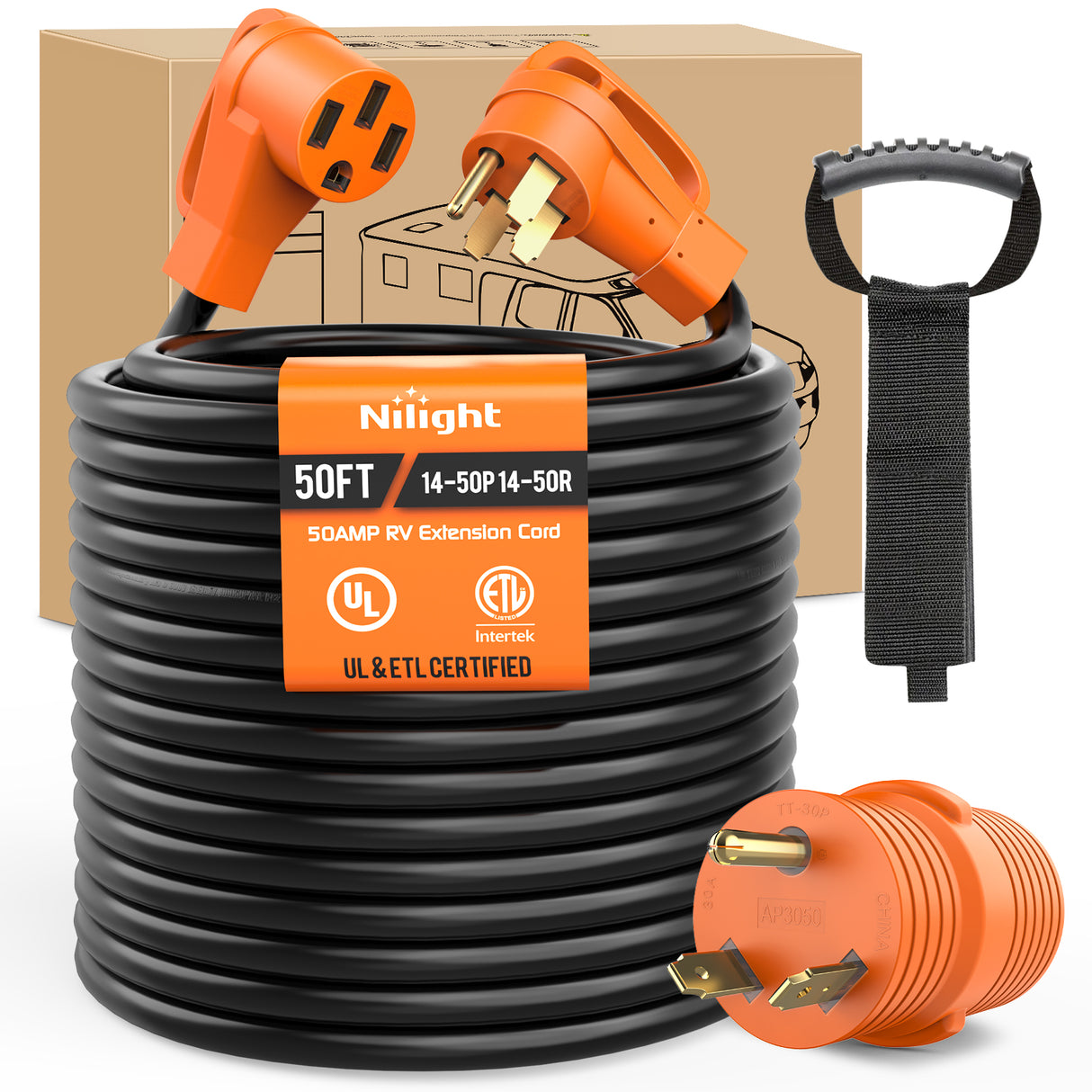 RV Parts 50FT 50 Amp RV Extension Cord with Adapter 30Amp to 50Amp 250V Heavy Duty 6/3+8/1 Gauge Pure Copper STW Wire UL ETL Listed 4 Prong 14-50P 14-50R Weatherproof Suit for Generators Camper