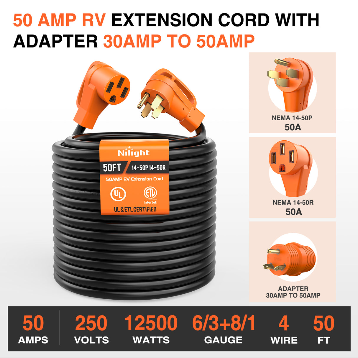 RV Parts 50FT 50 Amp RV Extension Cord with Adapter 30Amp to 50Amp 250V Heavy Duty 6/3+8/1 Gauge Pure Copper STW Wire UL ETL Listed 4 Prong 14-50P 14-50R Weatherproof Suit for Generators Camper