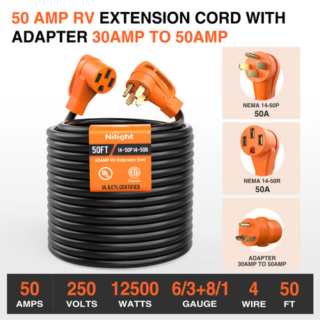Nilight 50FT 50 Amp RV Extension Cord with Adapter 30Amp to 50Amp 250V Heavy Duty 6/3+8/1 Gauge Pure Copper STW Wire UL ETL Listed 4 Prong 14-50P 14-50R Weatherproof Suit for Generators Camper