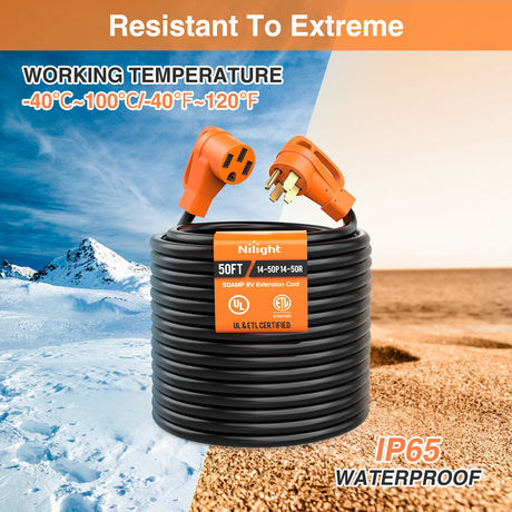 Nilight 50FT 50 Amp RV Extension Cord with Adapter 30Amp to 50Amp 250V Heavy Duty 6/3+8/1 Gauge Pure Copper STW Wire UL ETL Listed 4 Prong 14-50P 14-50R Weatherproof Suit for Generators Camper