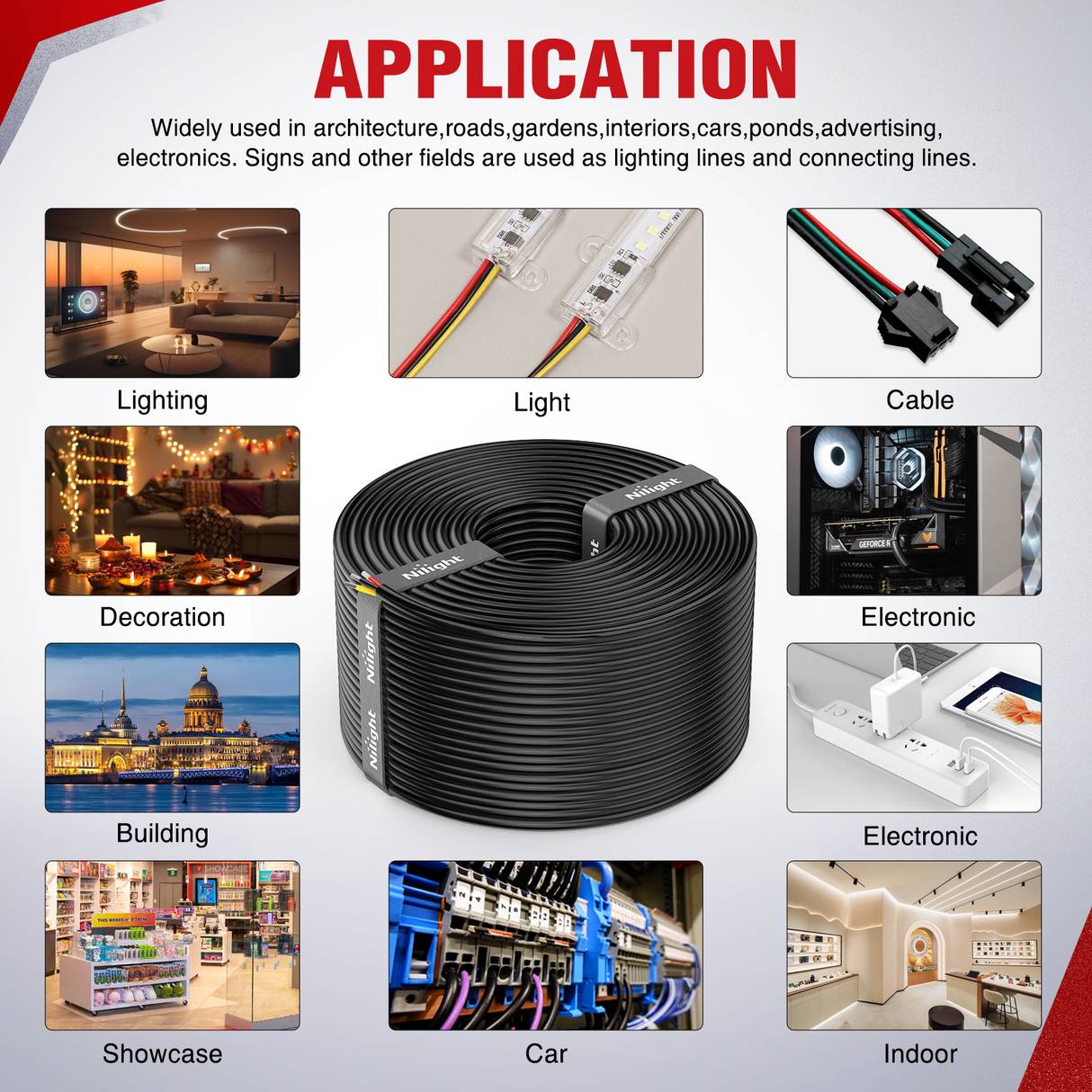 Nilight 100FT 16AWG 3 Conductor Electrical Wire Tinned Oxygen Free Copper Red Black Yellow 3 Wires Parallel 600V DC Flexible PVC Case Extension Cords for LED Strips Lamps Lighting