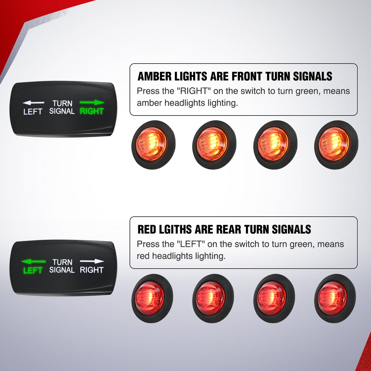 UTV ATV Turn Signal Wiring Harness Kit Street Legal Flasher Relay Kits with Horizontal Rocker Switch Red &Yellow Lights for Polaris Kawasaki Teryx Can Am Commander Cat Wild Green Backlight