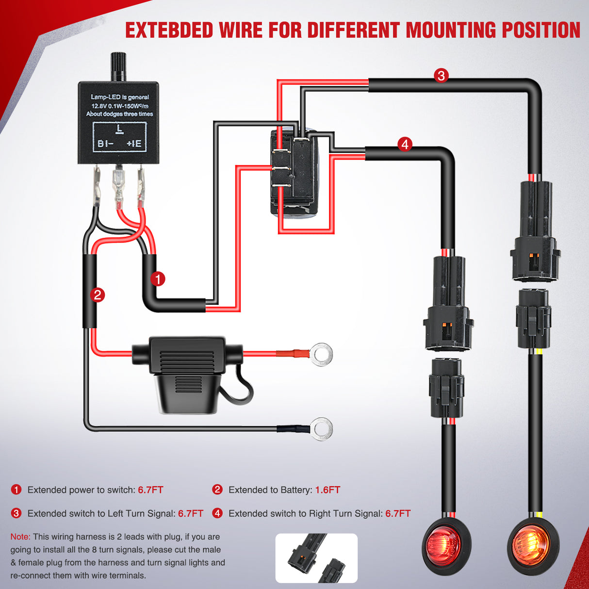 UTV ATV Turn Signal Wiring Harness Kit Street Legal Flasher Relay Kits with Horizontal Rocker Switch Red &Yellow Lights for Polaris Kawasaki Teryx Can Am Commander Cat Wild Green Backlight
