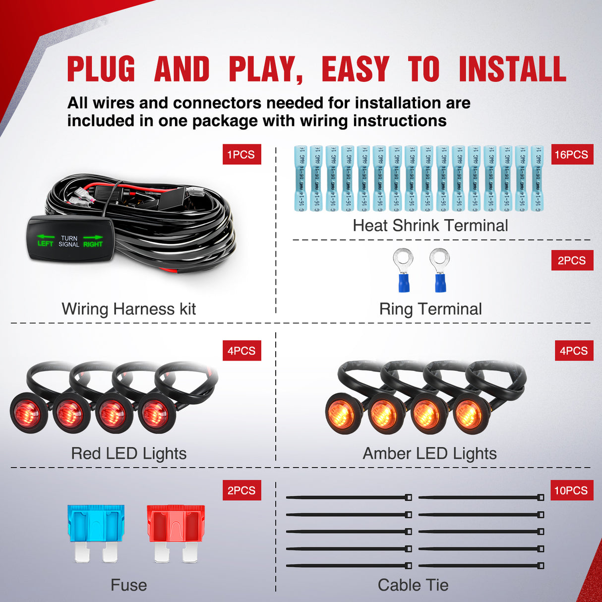 UTV ATV Turn Signal Wiring Harness Kit Street Legal Flasher Relay Kits with Horizontal Rocker Switch Red &Yellow Lights for Polaris Kawasaki Teryx Can Am Commander Cat Wild Green Backlight
