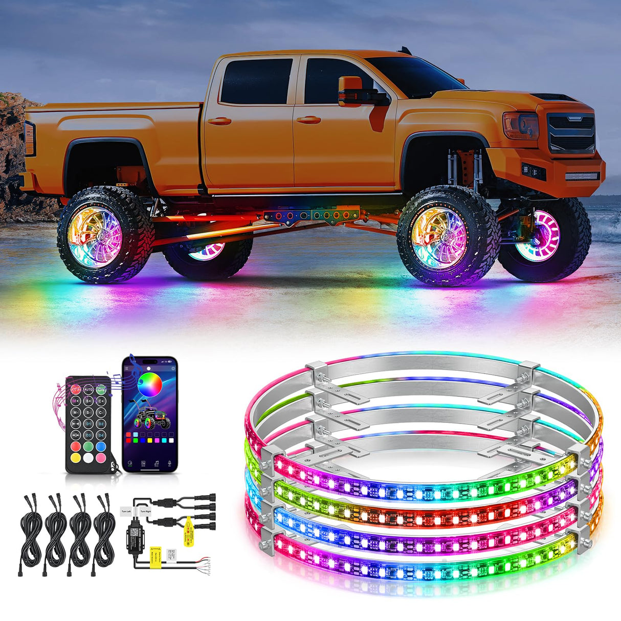 4PCS 17.5inch Wheel Ring Lights Deram Color with APP and Remote Control Neon Lights Million Colors w/Turn Signal and Braking Function for Car Van SUV Truck