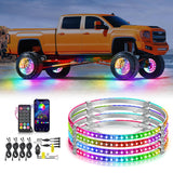 4PCS 17.5inch Wheel Ring Lights Deram Color with APP and Remote Control Neon Lights Million Colors w/Turn Signal and Braking Function for Car Van SUV Truck