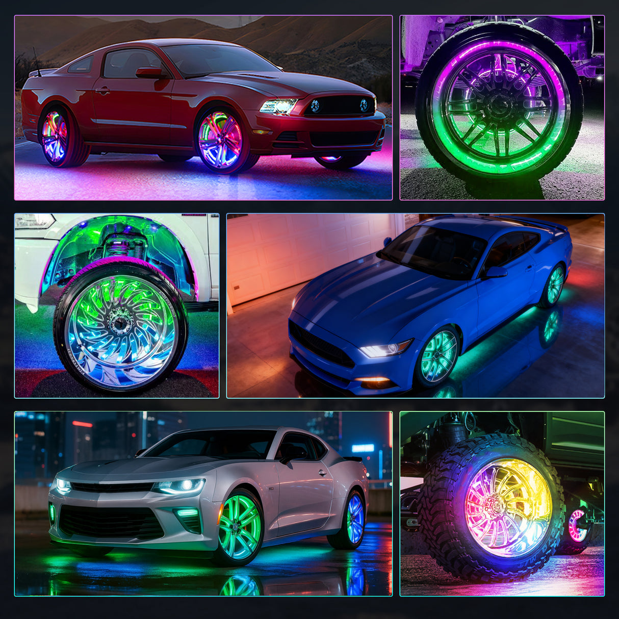 4PCS 17.5inch Wheel Ring Lights Deram Color with APP and Remote Control Neon Lights Million Colors w/Turn Signal and Braking Function for Car Van SUV Truck