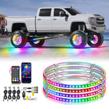 4PCS 15.5inch Wheel Ring Lights Deram Color with APP and Remote Control Neon Lights Million Colors w/Turn Signal and Braking Function for Car Van SUV Truck