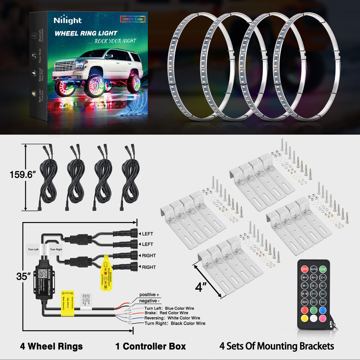 4PCS 15.5inch Wheel Ring Lights Deram Color with APP and Remote Control Neon Lights Million Colors w/Turn Signal and Braking Function for Car Van SUV Truck