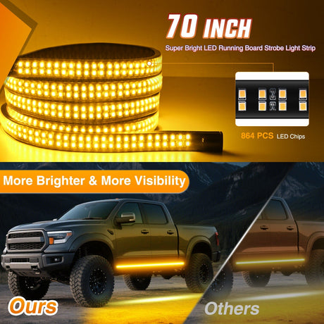 Nilight 2PCS 70 Inch Emergency Strobe Light Strip with Controller 864 LED Amber Running Board Lights Flexible Side Flashing Warning Caution Safety Waterproof for Truck Construction Pickup