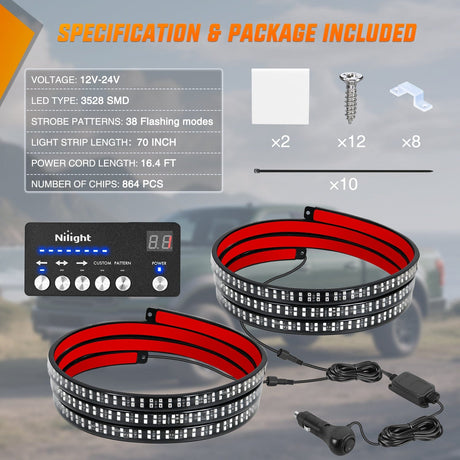 Nilight 2PCS 70 Inch Emergency Strobe Light Strip with Controller 864 LED Red Running Board Lights Flexible Side Flashing Warning Caution Safety Waterproof for Truck Construction Pickup
