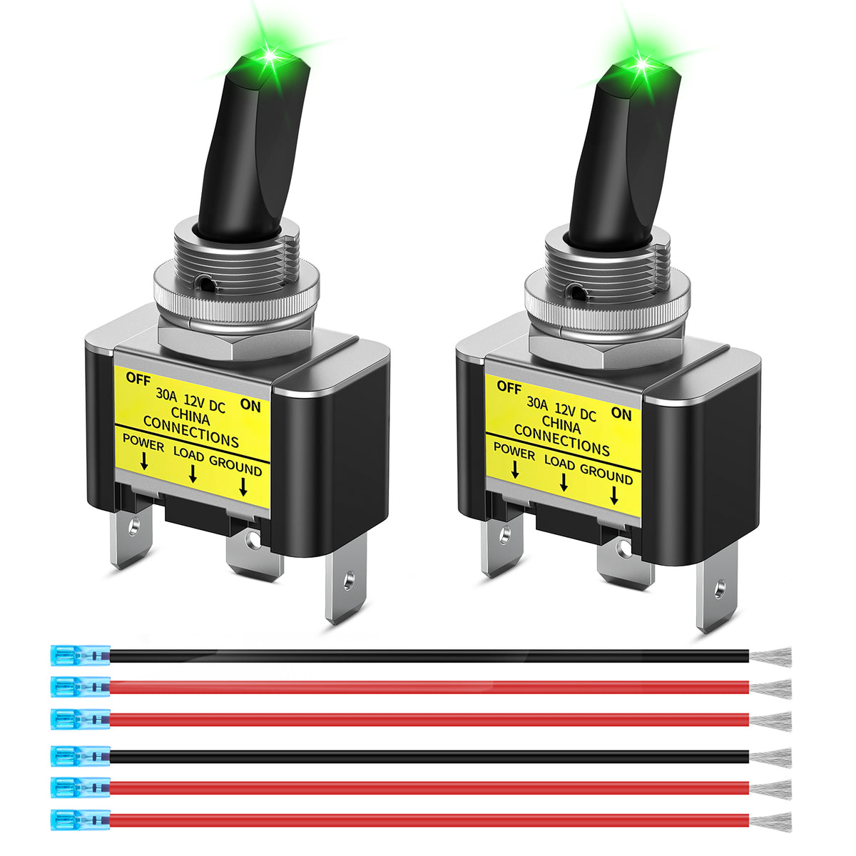 2PCS Green LED Toggle Switch 12V DC 30A 3 Pin On Off 2 Position Heavy Duty Rocker Switch with 14AWG Wire for Automotive Cars Trucks Boats Racing Cars Auto Boat