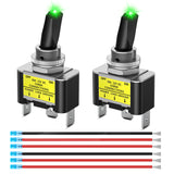 2PCS Green LED Toggle Switch 12V DC 30A 3 Pin On Off 2 Position Heavy Duty Rocker Switch with 14AWG Wire for Automotive Cars Trucks Boats Racing Cars Auto Boat