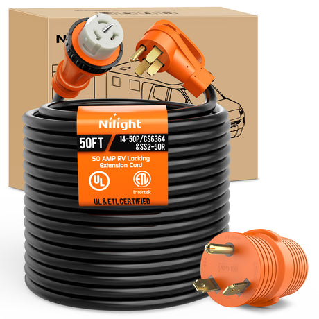Extension Cord Kit 50 Amp 50FT RV Locking Extension Cord with Adapter 30Amp to 50Amp 250V Heavy Duty 6/3+8/1 Gauge Pure Copper STW Wire ETL Listed 4 Prong 14-50P CS6364&SS2-50R Cable Suit for Campers Caravan