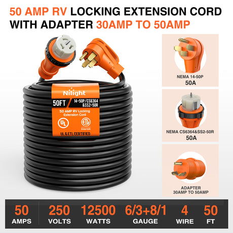 Extension Cord Kit 50 Amp 50FT RV Locking Extension Cord with Adapter 30Amp to 50Amp 250V Heavy Duty 6/3+8/1 Gauge Pure Copper STW Wire ETL Listed 4 Prong 14-50P CS6364&SS2-50R Cable Suit for Campers Caravan