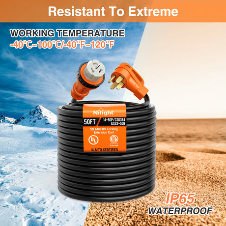 Extension Cord Kit 50 Amp 50FT RV Locking Extension Cord with Adapter 30Amp to 50Amp 250V Heavy Duty 6/3+8/1 Gauge Pure Copper STW Wire ETL Listed 4 Prong 14-50P CS6364&SS2-50R Cable Suit for Campers Caravan