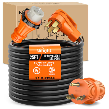 Extension Cord Kit 50 Amp 25FT RV Locking Extension Cord with Adapter 30Amp to 50Amp 250V Heavy Duty 6/3+8/1 Gauge Pure Copper STW Wire ETL Listed 4 Prong 14-50P CS6364&SS2-50R Cable Suit for Campers Caravan