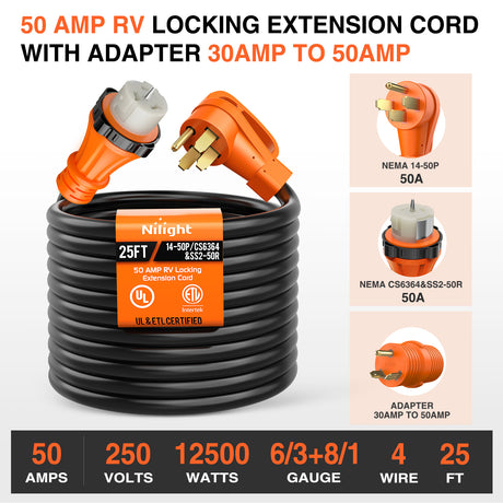 Extension Cord Kit 50 Amp 25FT RV Locking Extension Cord with Adapter 30Amp to 50Amp 250V Heavy Duty 6/3+8/1 Gauge Pure Copper STW Wire ETL Listed 4 Prong 14-50P CS6364&SS2-50R Cable Suit for Campers Caravan