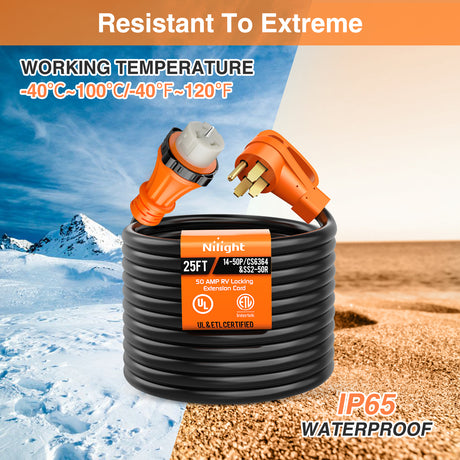 Extension Cord Kit 50 Amp 25FT RV Locking Extension Cord with Adapter 30Amp to 50Amp 250V Heavy Duty 6/3+8/1 Gauge Pure Copper STW Wire ETL Listed 4 Prong 14-50P CS6364&SS2-50R Cable Suit for Campers Caravan