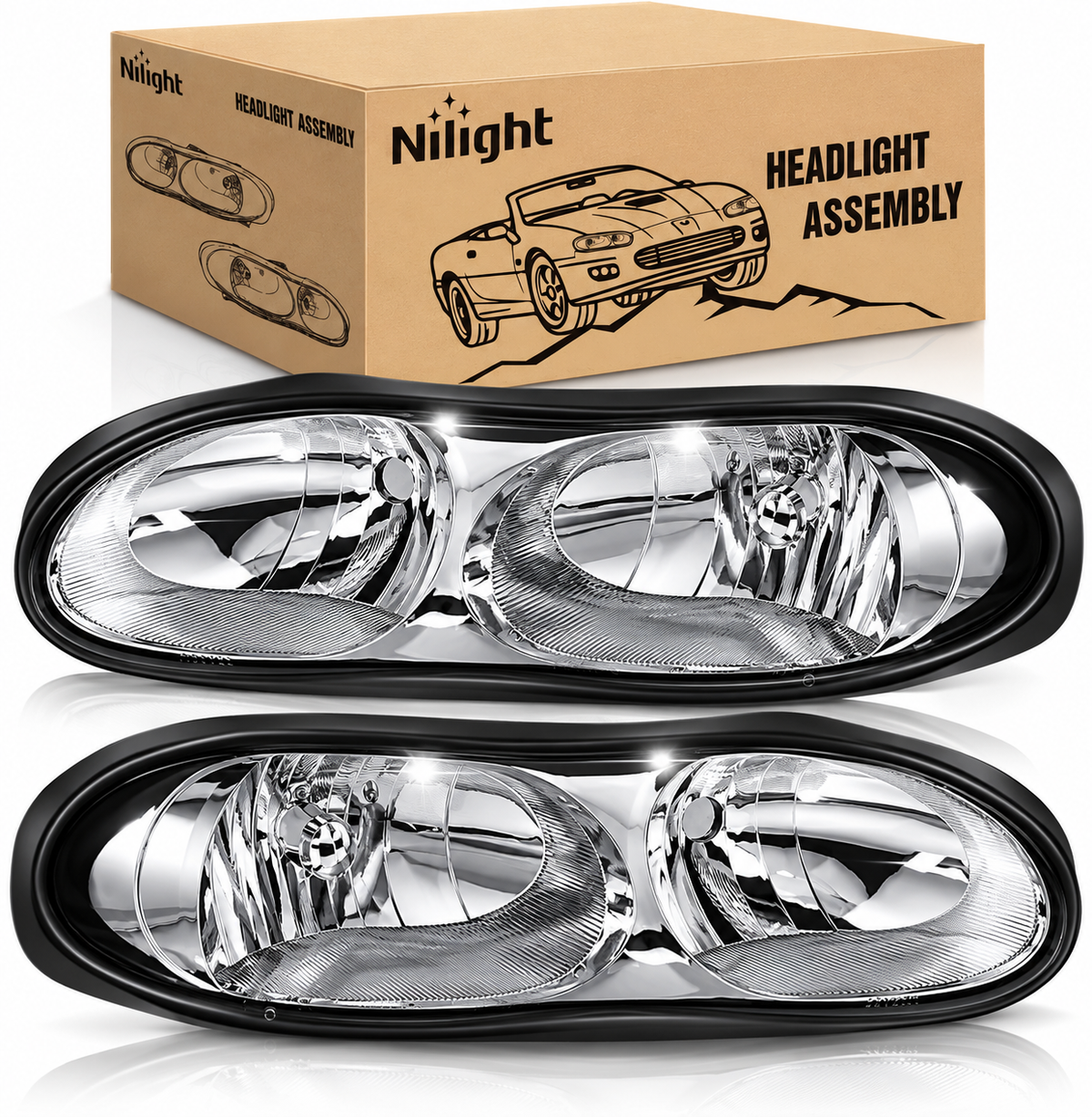 Headlight Assembly Compatible with 1998-2002 Chevy Chevrolet Camaro | 1998-2002 Chevy Chevrolet Camaro OE Style Halogen Replacement Headlamps Chrome Housing