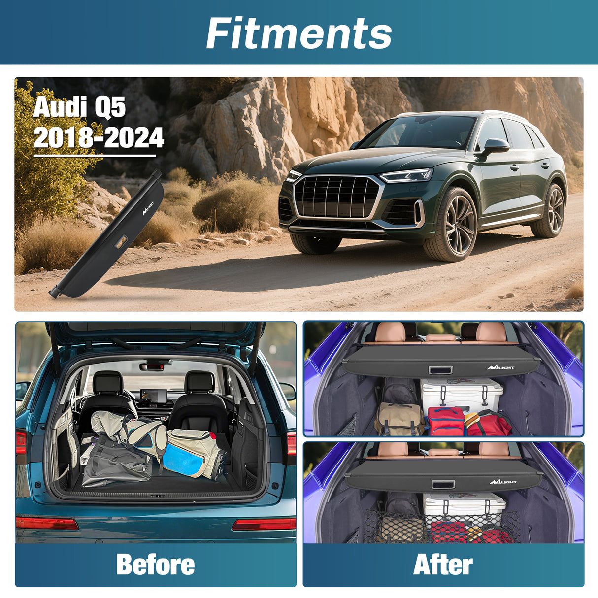 Nilight Trunk Cargo Cover for Audi Q5 2018 2019 2020 2021 2022 2023 2024, Retractable Security Shade Rear Cargo Cover, with Trunk Storage Net