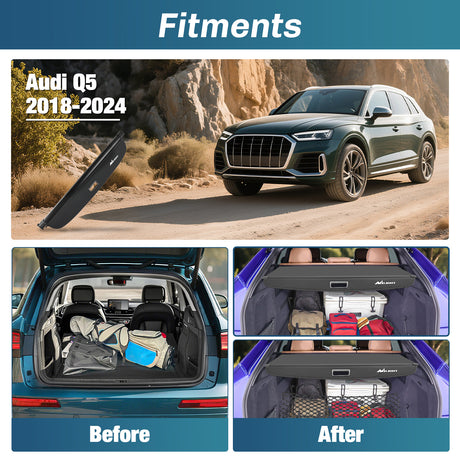 Nilight Trunk Cargo Cover for Audi Q5 2018 2019 2020 2021 2022 2023 2024, Retractable Security Shade Rear Cargo Cover, with Trunk Storage Net