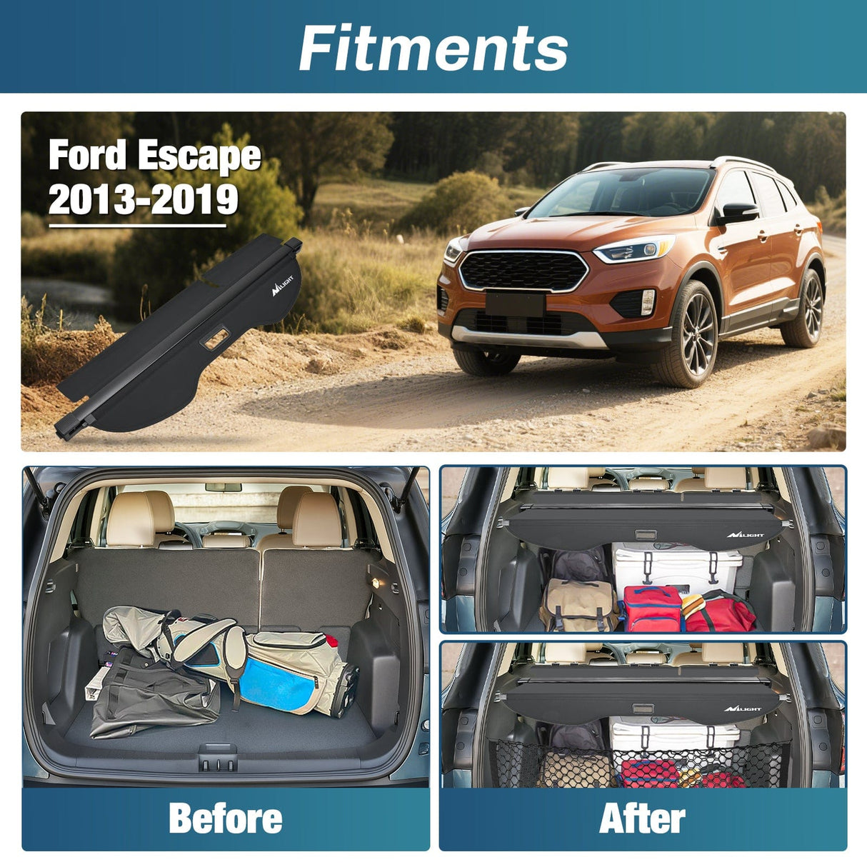 Nilight Trunk Cargo Cover for for Ford Escape 2013 2014 2015 2016 2017 2018 2019, Retractable Privacy Security Shield Shade Rear Trunk Cover, with Trunk Storage Net