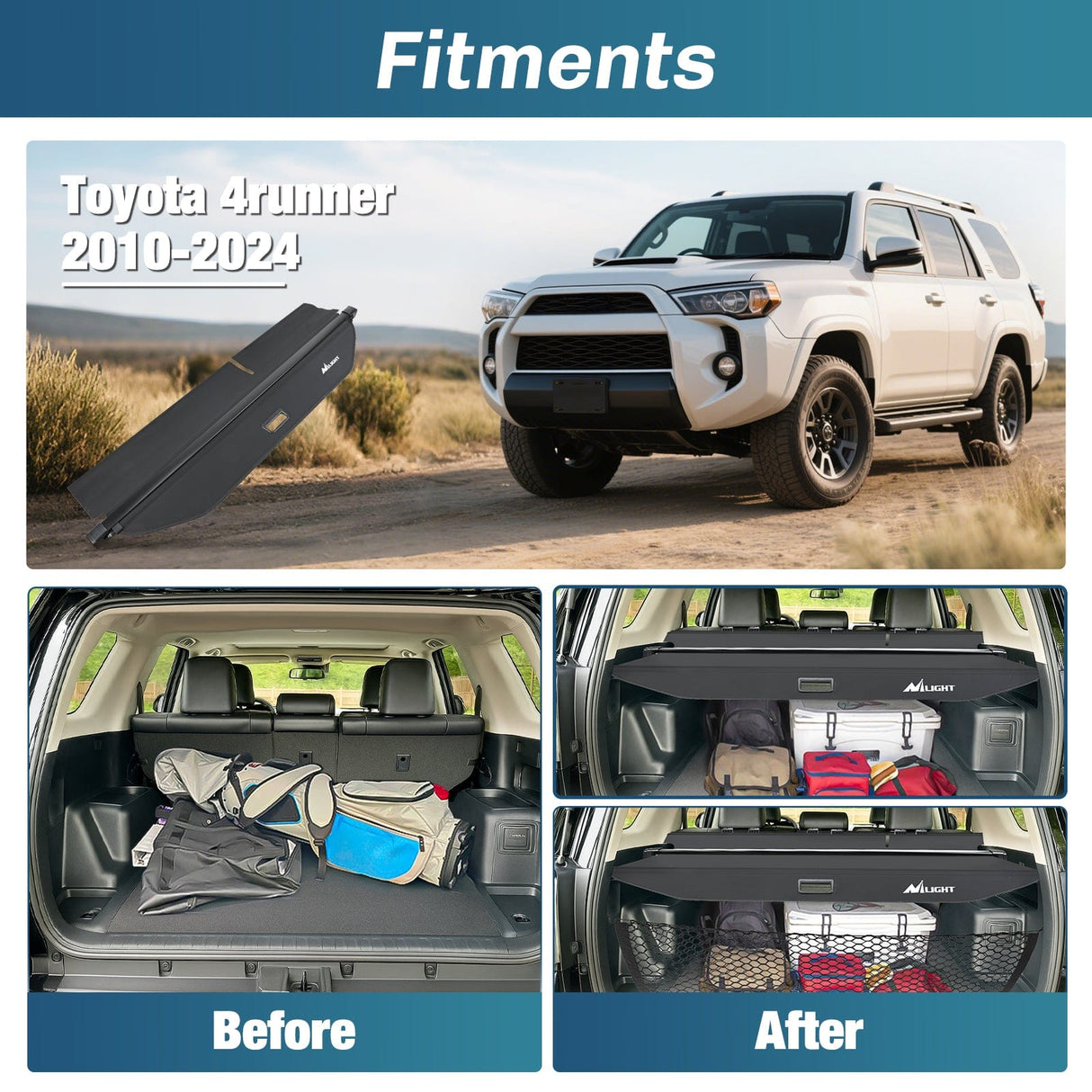 Trunk Cargo Cover Toyota 4runner 2010-2021 2022 2023 2024, Retractable Privacy Security Shield Shade Rear Trunk Cover, with Trunk Storage Net