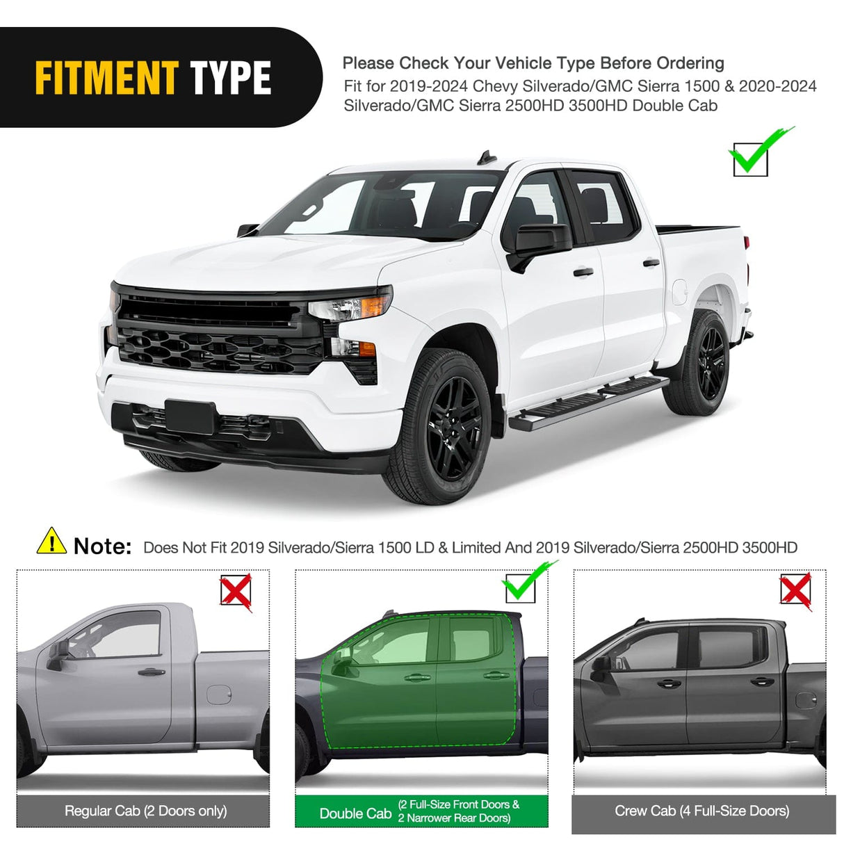 2019-2024 Chevy Silverado/GMC Sierra 1500 Double Cab 2020-2024 Silverado/GMC Sierra 2500HD 3500HD 6 Inch Stainless Steel Bolt-on Side Step Nerf Bars Running Boards