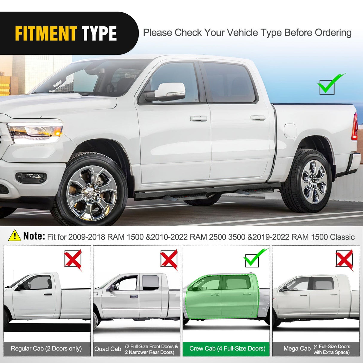 2009-2018 Dodge Ram 1500 Crew Cab 2019-2023 1500 Classic 2010-2022 2500 3500 Running Boards 4 Inch Drop Side Steps Bolt-on Black Powder Coated Nerf Bars Running Boards