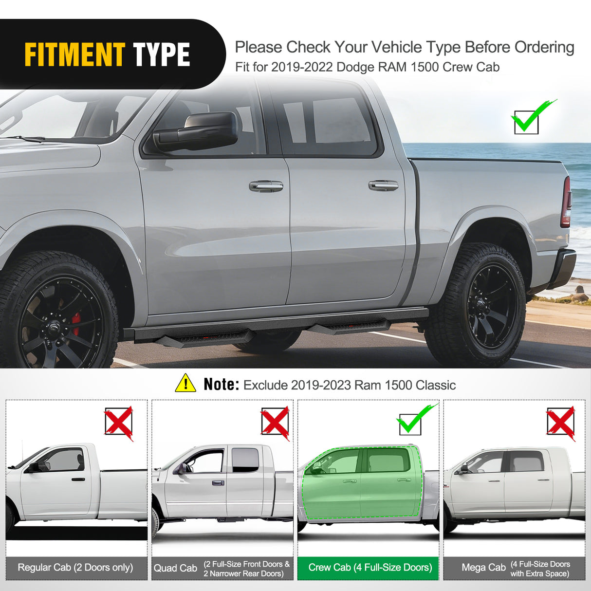 2019 2020 2021 2022 2023 Dodge Ram 1500 4 Door Crew Cab Running Boards 4 Inch Drop Side Steps Bolt-on Off-Road Black Powder Coated Nerf Bars Running Boards