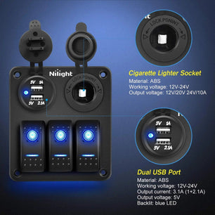 switch panel 3Gang Aluminum 5Pin ON/Off Blue Rocker Switch Panel w/ Dual USB Charger | Cigarette Lighter Socket